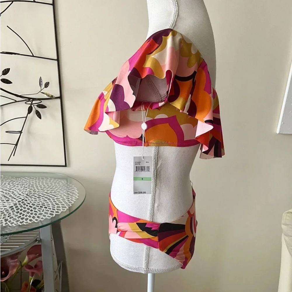 Trina Turk Fan Faire Colorful Ruffle Bandeau Bikini Set Size 8 NWT